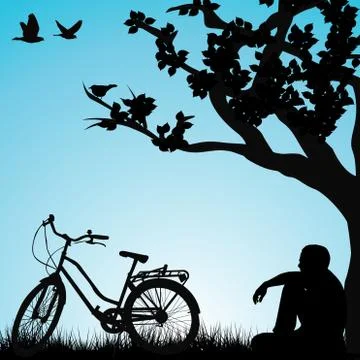 Relaxing bicyclist  under a tree Stock Illustration