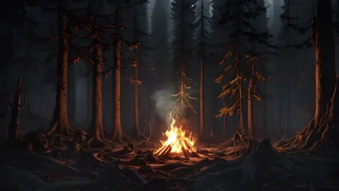 Relaxing bonfire in the forest by night Stock Footage 255721680