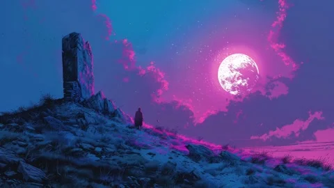 Relaxing Chill LofI Animation Loop, Nature, Lonly, Full Moon Night, ambient, Stock Footage 265068760