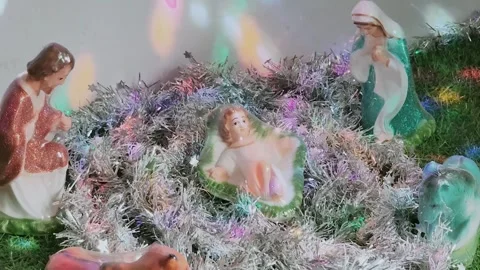 Relaxing Close-Up View of a Christmas Nativity Scene with Sparkling Lights Stock Footage 295285127