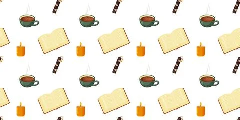 Relaxing Evening Pattern with Books and Hot Drinks Stock Illustration