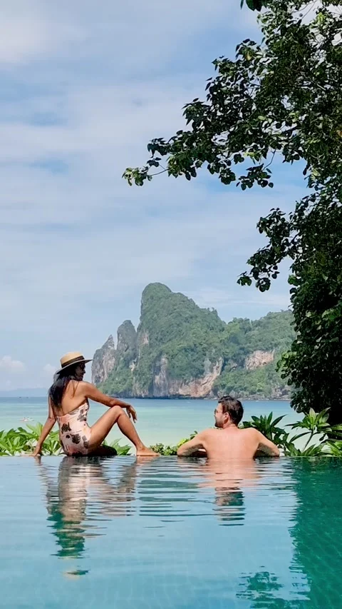 Relaxing getaway at a luxurious infinity pool in Koh Phi Phi Thailand Stock Footage 329285340