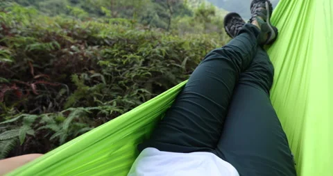 Relaxing in hammock in summer forest, 4k Video stock 154776247