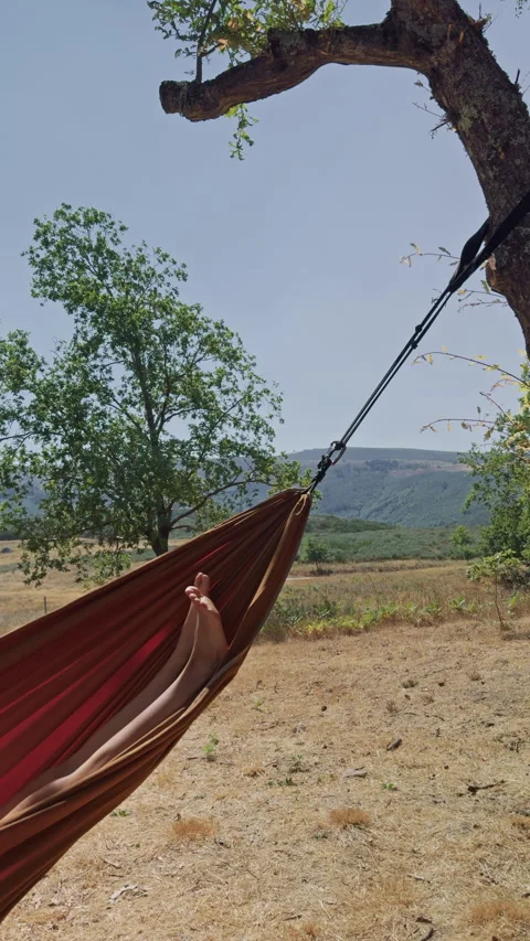Relaxing hammock swing surrounded by mountains and trees Видео 343658584