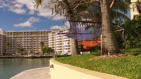 Relaxing Hammock Zone at Port Lucaya, Freeport, Grand Bahama, Bahamas Stock Footage 106911642