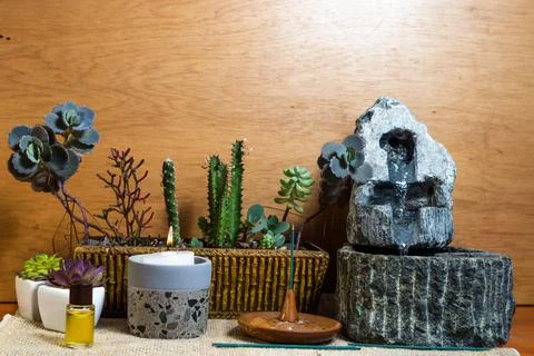 Relaxing home shrine with objects for relaxing and meditation altar candle in 写真素材