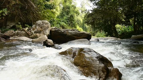 Relaxing landscape view of a waterfall, trees and rocks Stock Footage 108107210