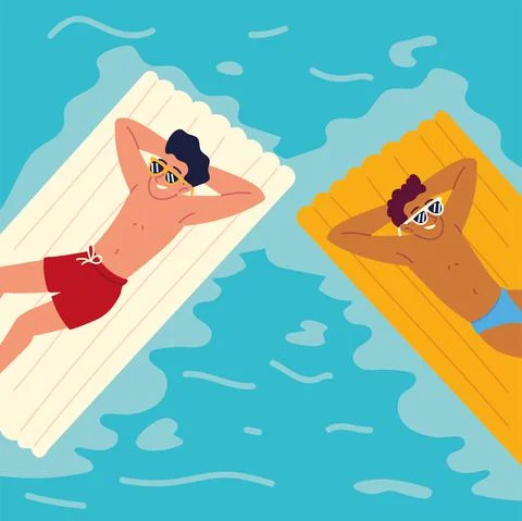 Relaxing men on float beds Stock Illustration
