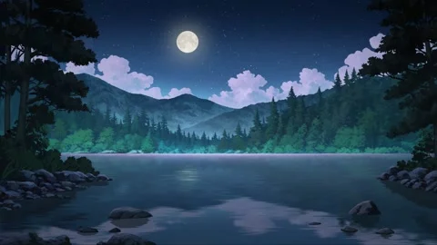 Relaxing mountan lake surrounded with forest at full moon night starry sky Stock Footage 337008458