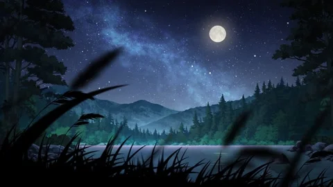 Relaxing mountan lake surrounded with forest at full moon night starry sky Stock Footage 337008461