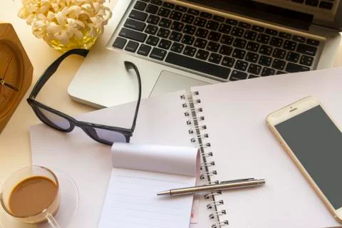 Relaxing office space for work on a white table Stock Photos