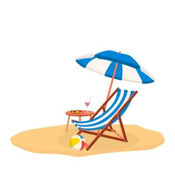 Relaxing scene on a breezy day, deck chair, umbrella and a cocktail table. Stock Illustration