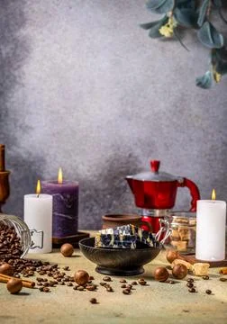 Relaxing spa scene with coffee elements and handmade soap on a table with c.. Stock Photos