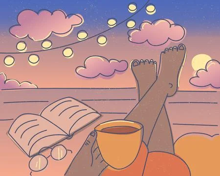 Relaxing summer evening sunset reading book cozy atmosphere vector illustration Illustration