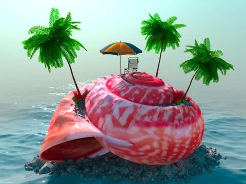 Relaxing vacation concept background with seashell, palms, chair and umbrella Stock Illustration