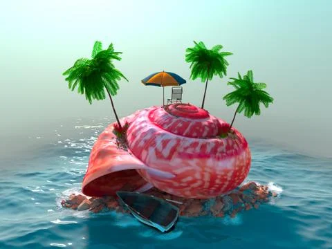 Relaxing vacation concept background with seashell, palms, chair and umbrella Stock Illustration