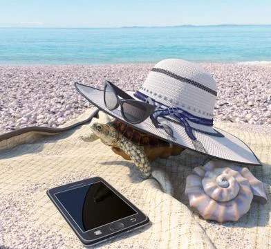 Relaxing vacation concept background with seashell, turtle and beach accessories 스톡 일러스트