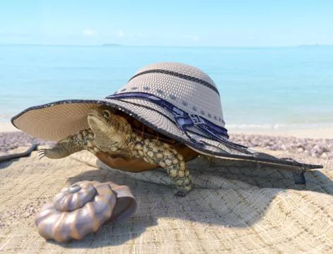 Relaxing vacation concept background with seashell, turtle and beach accessories Stock Illustration