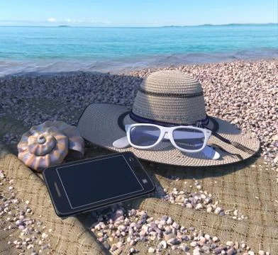 Relaxing vacation concept background with seashell, iphone and beach accessories Stock Photos
