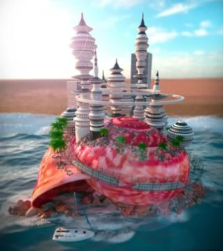 Relaxing vacation concept background with seashell,palms and sand castle Stock Illustration