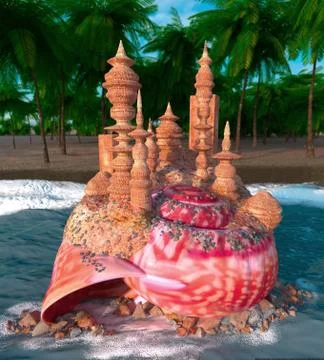 Relaxing vacation concept background with seashell,palms and sand castle Stock Illustration