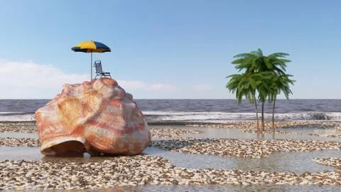 Relaxing vacation concept background with seashell,umbrella and beach Stock Illustration