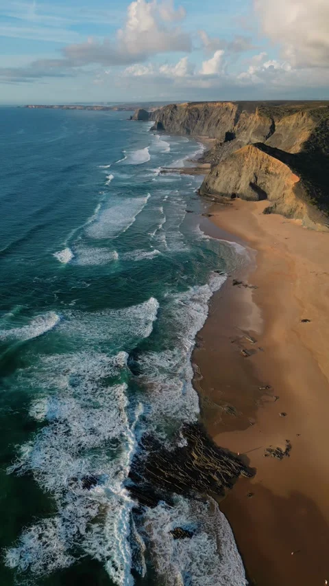 Relaxing Vertical Drone View of Praia da Barriga - Vicentina Coast, Algarve Stock Footage 256053061