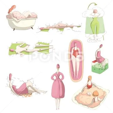 Relaxing women in the spa. Vector illustration on white background. Stock Illustration
