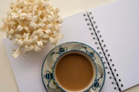 Relaxing work space for the office on the white table Stock Photos