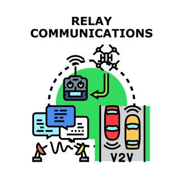 Relay communications system facilitating v2v and network connection Stock Illustration