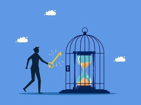 Release the freedom of time. Value of time. man uses key to release clock fro Stock Illustration