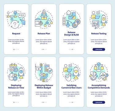 Release management process onboarding mobile app screen set Stock Illustration