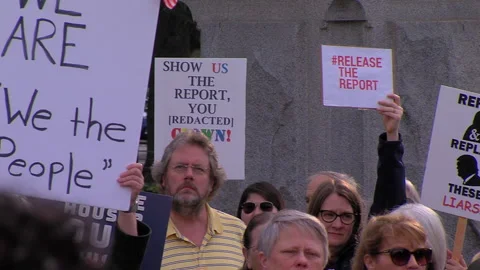 Release the mueller report, Pan of several protest signs Stock Footage 155134908