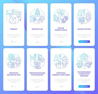 Release planning process blue gradient onboarding mobile app screen set Stock Illustration