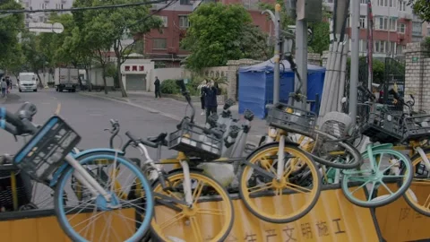 Released From Shanghai Lockdown to Discover Barrier Made of Bicycles Stock Footage 194808078