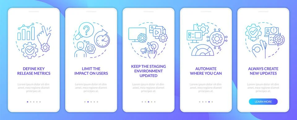 Releasing management process tips blue gradient onboarding mobile app screen Illustrazione stock