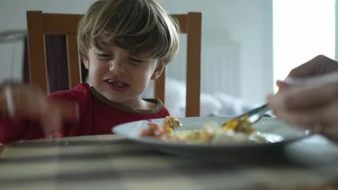 Relentless small boy at lunch table being fed food by parent, close-up of k.. Fotos de archivo
