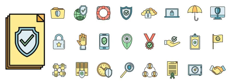Reliability principles icons set vector color line Stock Illustration