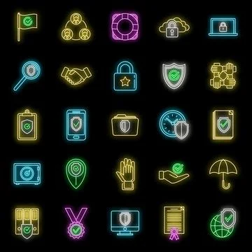 Reliability principles icons set vector neon Stock Illustration
