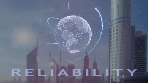 Reliability text with 3d hologram of the planet Earth against the backdrop of Illustrazione stock