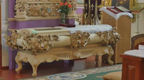 Relick of Orthodox Saint Interior of Monastery Trinity Day Poltava Woodcarving Stock Footage 64106906