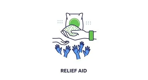 Relief aid distribution hands holding grain bag helping needy people hands. Stock Illustration