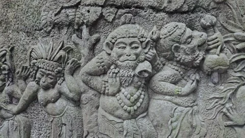 Relief carving of monkeys at the Monkey Forest., Ubud, Bali, Indonesia. Video stock 271568270