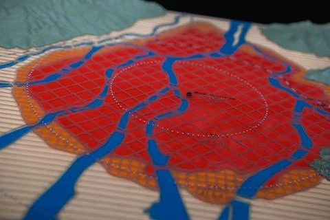 Relief map of central Hiroshima with rivers and blast zones display Stock Illustration