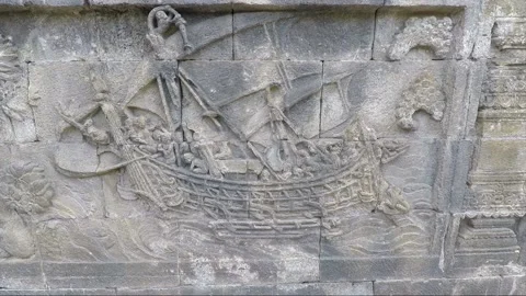 Relief panel of a ship on the wall of the Borobudur Temple, Java, Indonesia Stock Footage 151516690