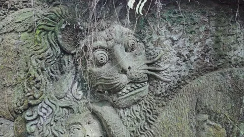 Relief stone carving of lion in the Monkey Forest, Ubud, Bali, Indonesia. Stock Footage 271470309