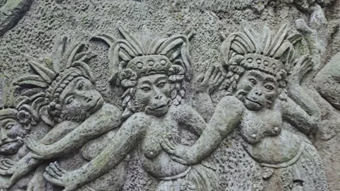 Relief stone carving of Monkeys in the Monkey Forest, Ubud, Bali, Indonesia. Video stock 271442845