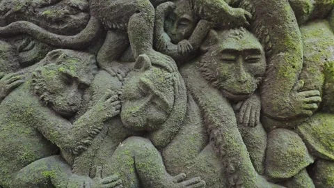 Relief stone carving of Monkeys sleeping in the Monkey Forest, Ubud, Bali, Video stock 271443352