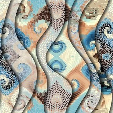 Relief waves of ornamental mosaic tile patterns Stock Illustration