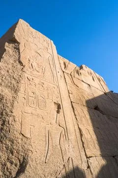 Reliefs on the wall at Karnak Temple Complex, Luxor, Egypt. Stock-Fotos